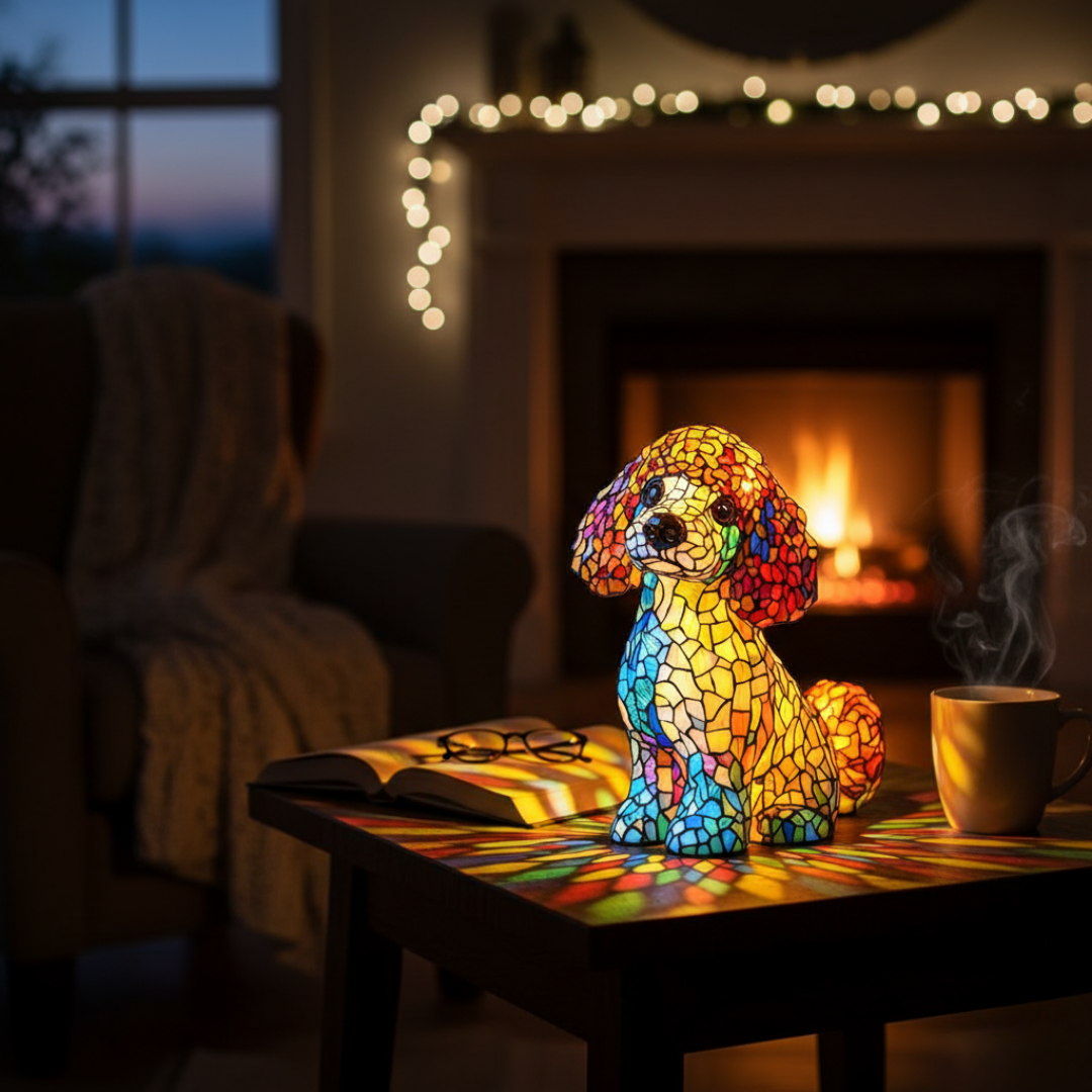 Poodle Aurora – Luminária Artesanal em Vitral