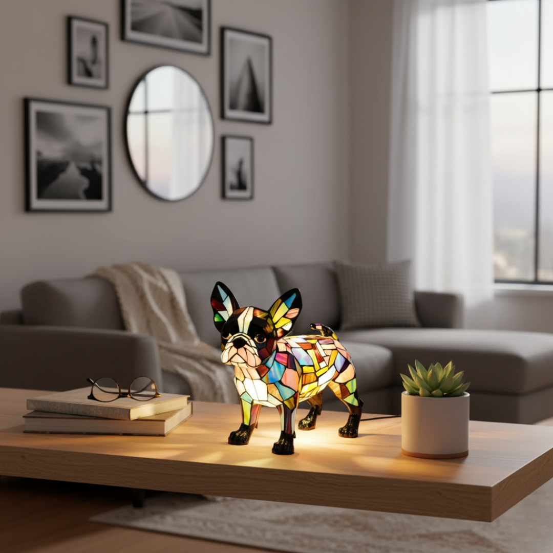 Boston Terrier Sofisticado – Luminária Artesanal em Vitral