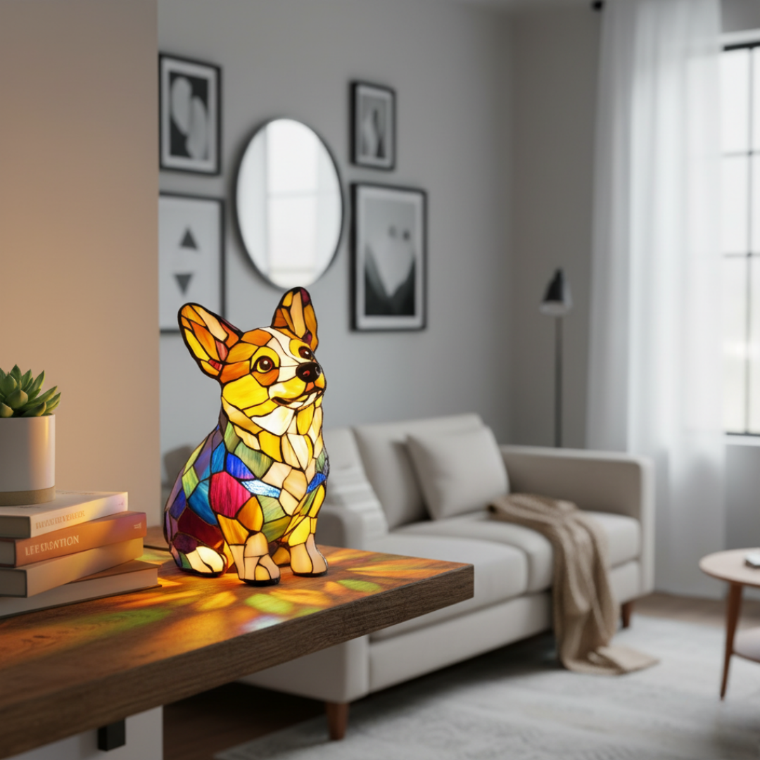 Corgi Gracioso – Luminária Artesanal em Vitral