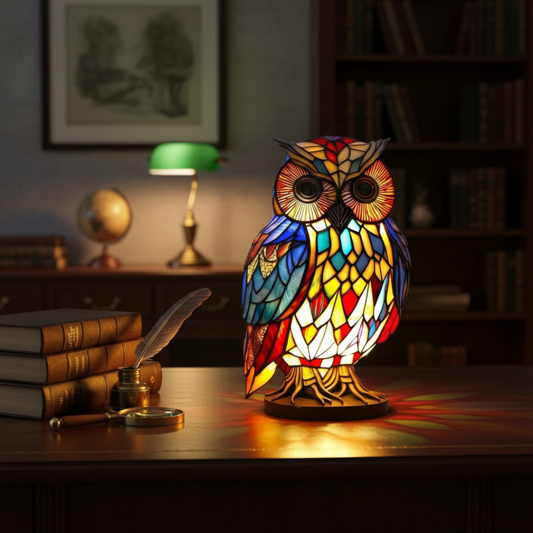Coruja Estilosa – Luminária Artesanal em Vitral