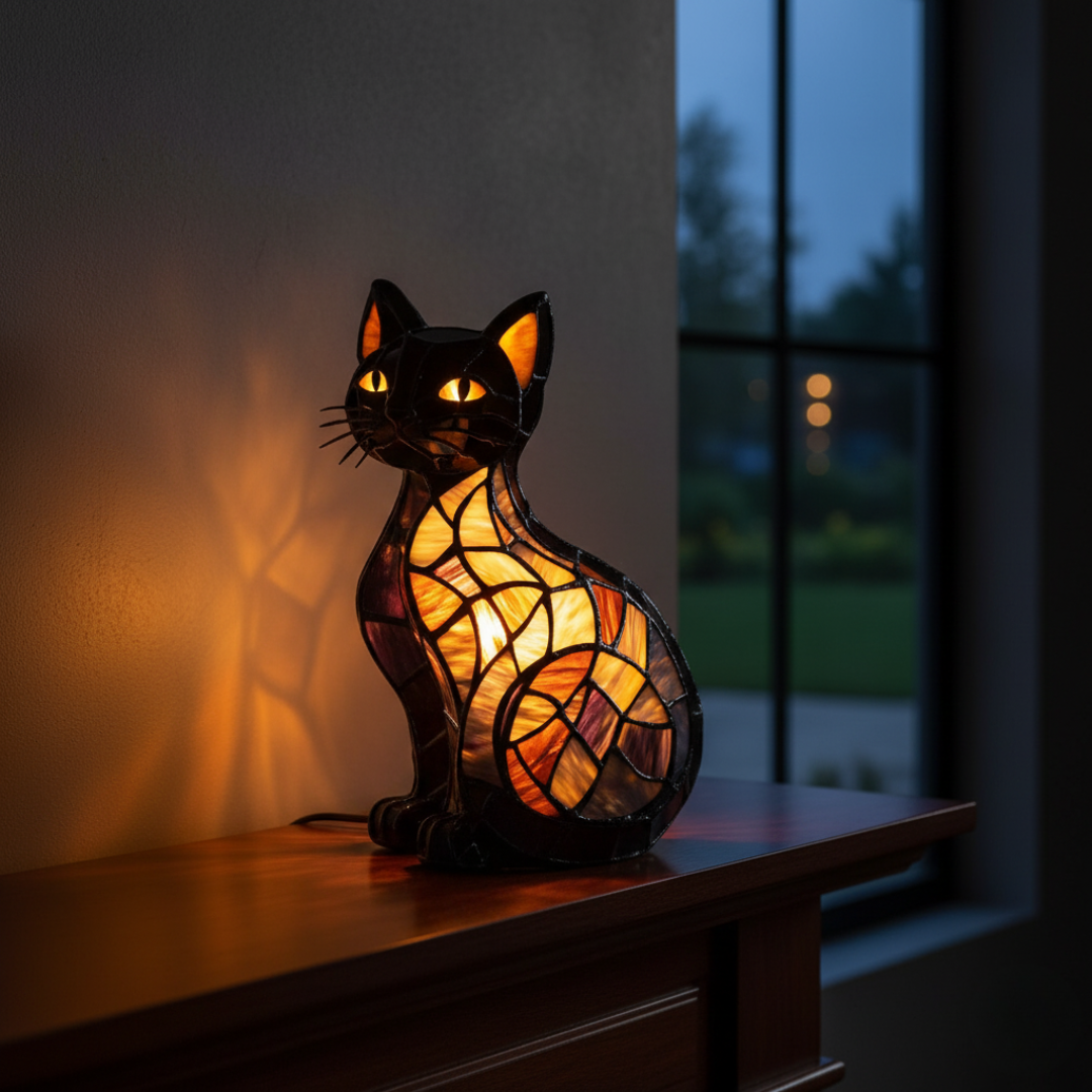 Gato Meia-Noite – Luminária Artesanal em Vitral