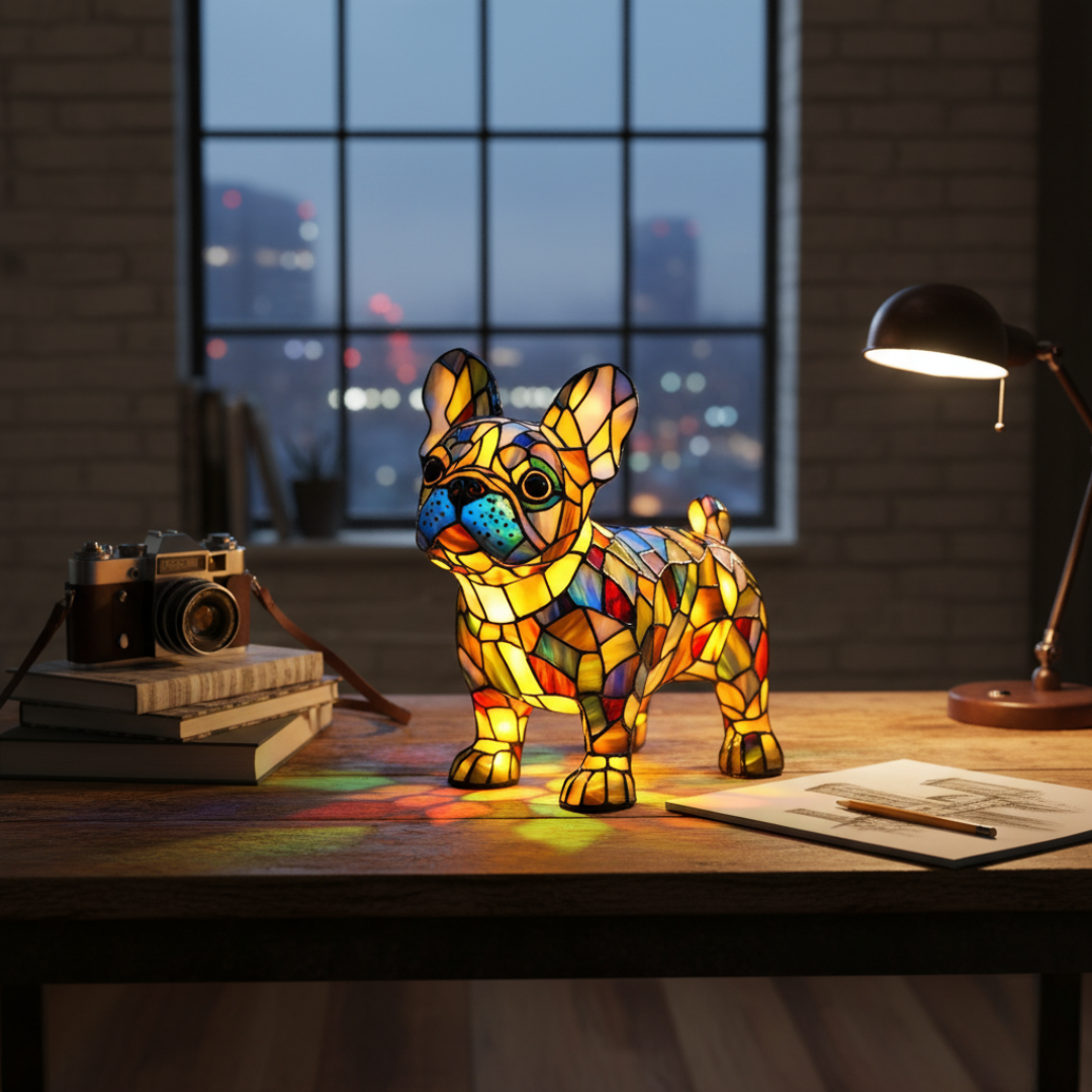 Bulldog Francês Amelie – Luminária Artesanal em Vitral