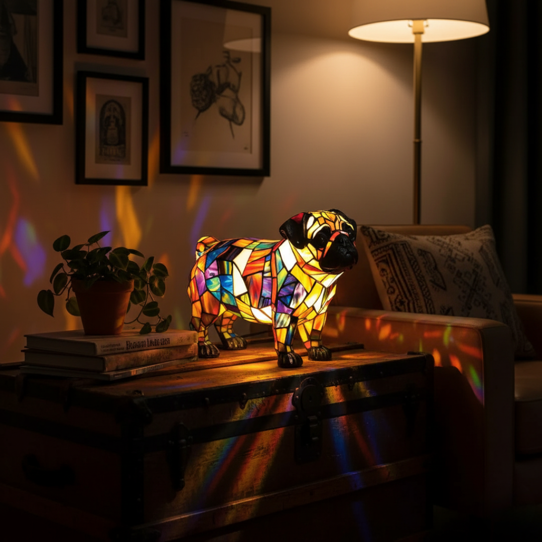 Pug Luminoso – Luminária Artesanal em Vitral