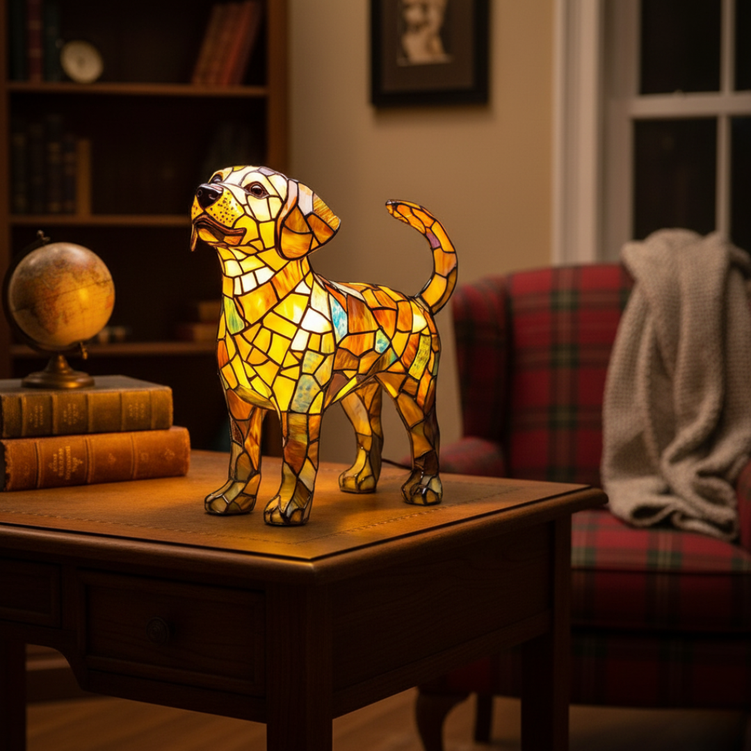 Labrador Aurora – Luminária Artesanal em Vitral