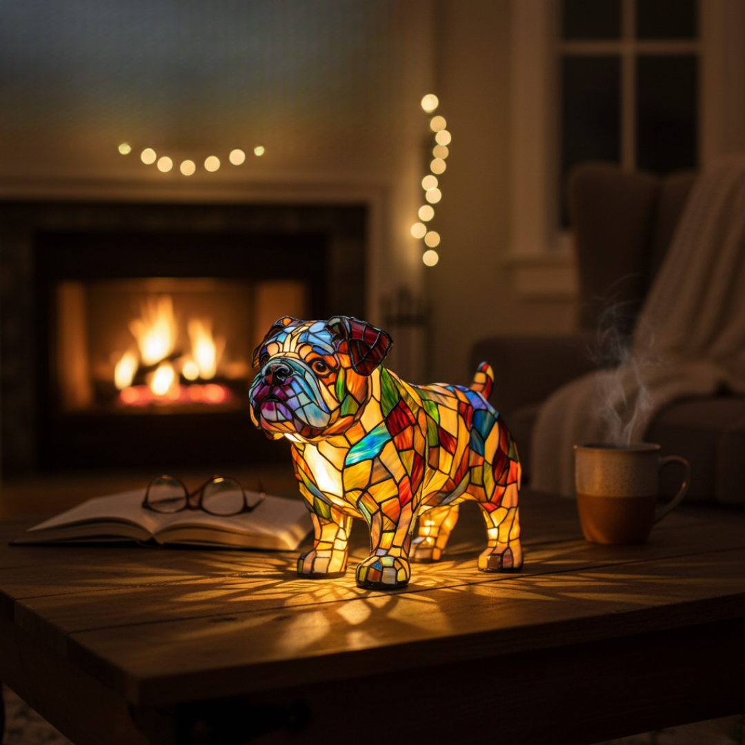 Bulldog em Passos – Luminária Artesanal em Vitral