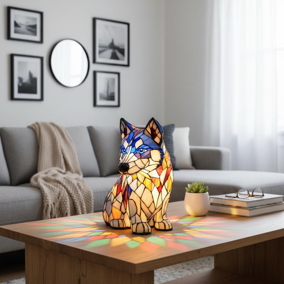 Husky do Ártico – Luminária Artesanal em Vitral