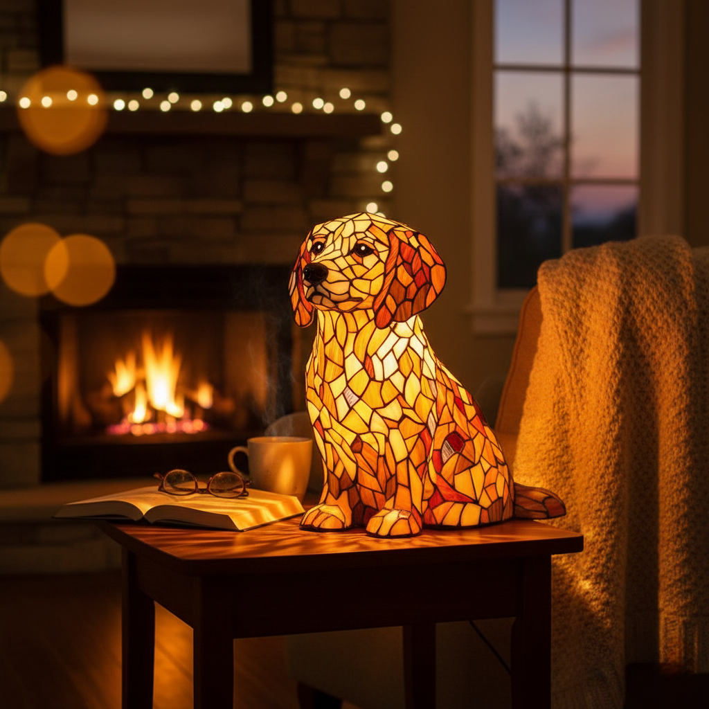 Golden Retriever Lily – Luminária Artesanal em Vitral