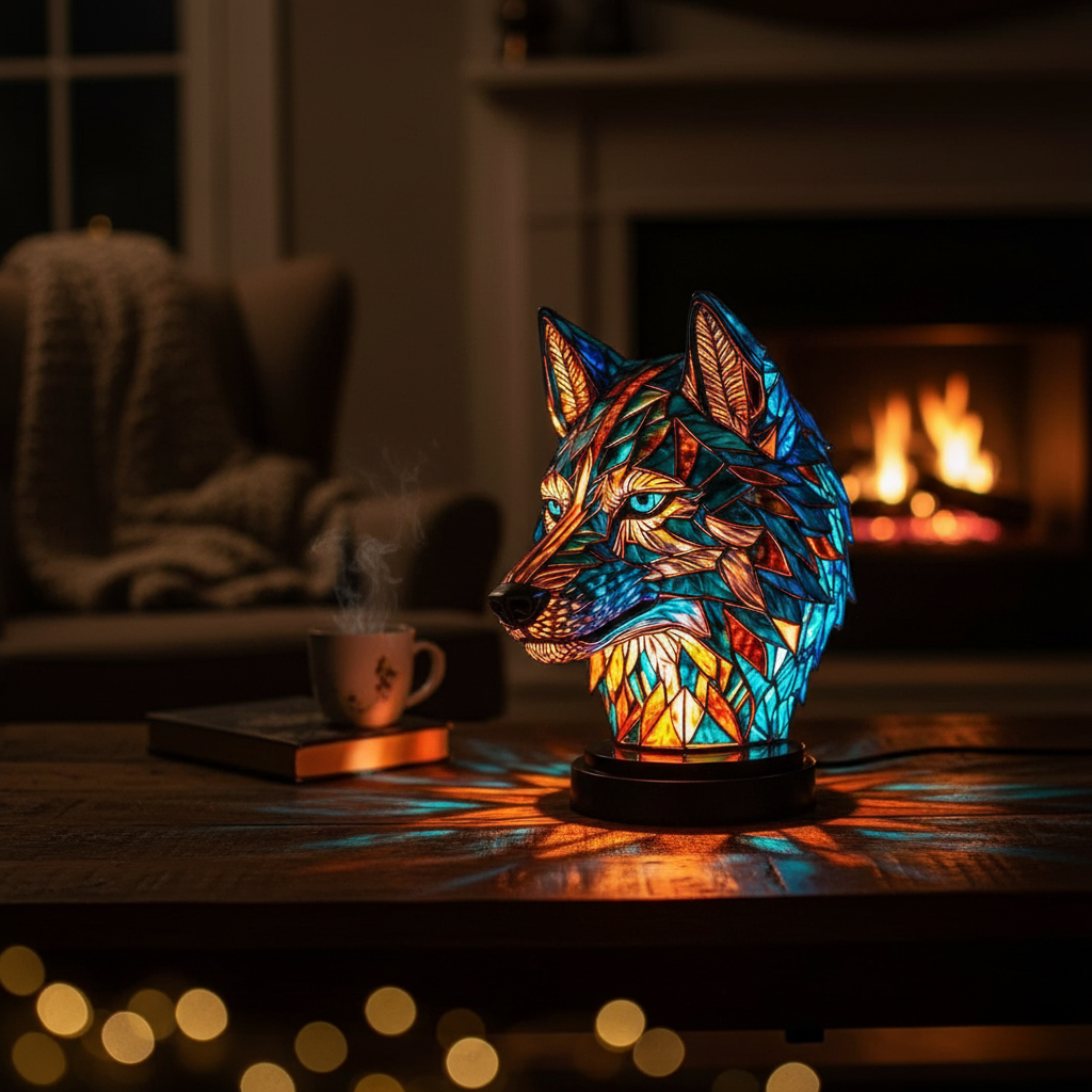 Lobo Encantador – Luminária Artesanal em Vitral