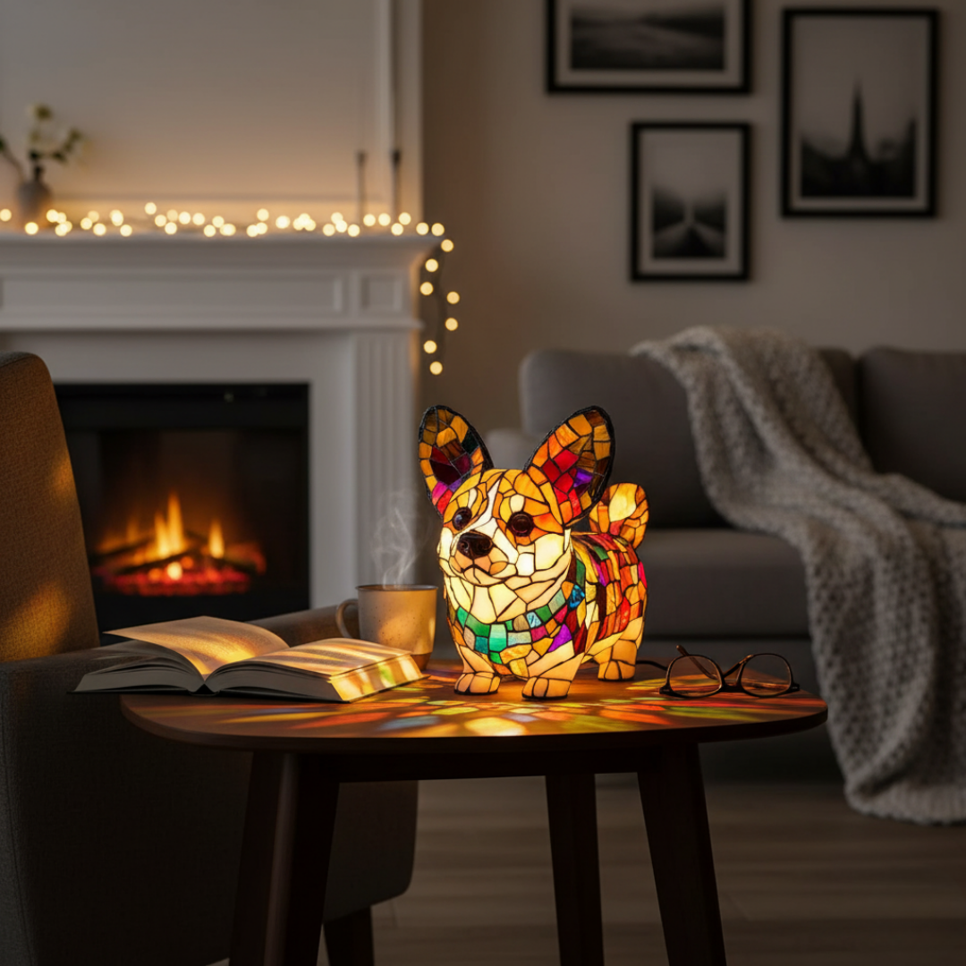 Corgi Radiante – Luminária Artesanal em Vitral