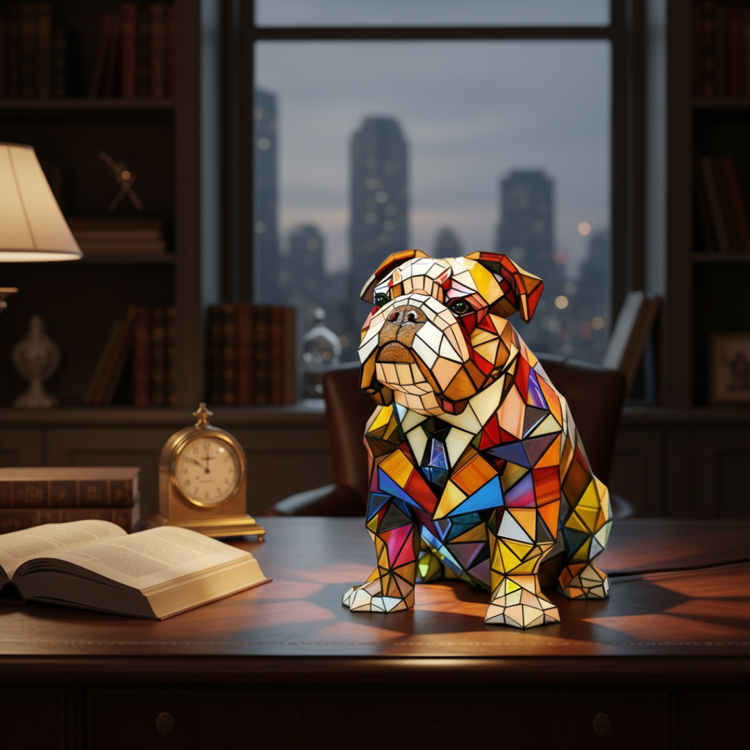 Bulldog Elowen – Luminária Artesanal em Vitral