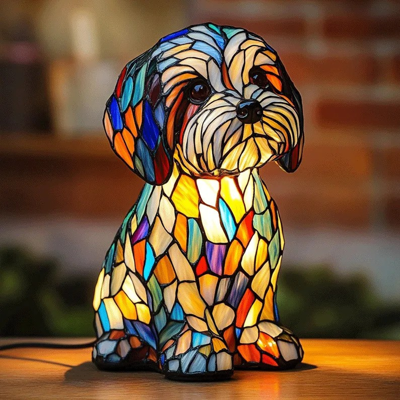 Luminária Artesanal – Luminoso Canine Companions in Estilo Vitral Luz