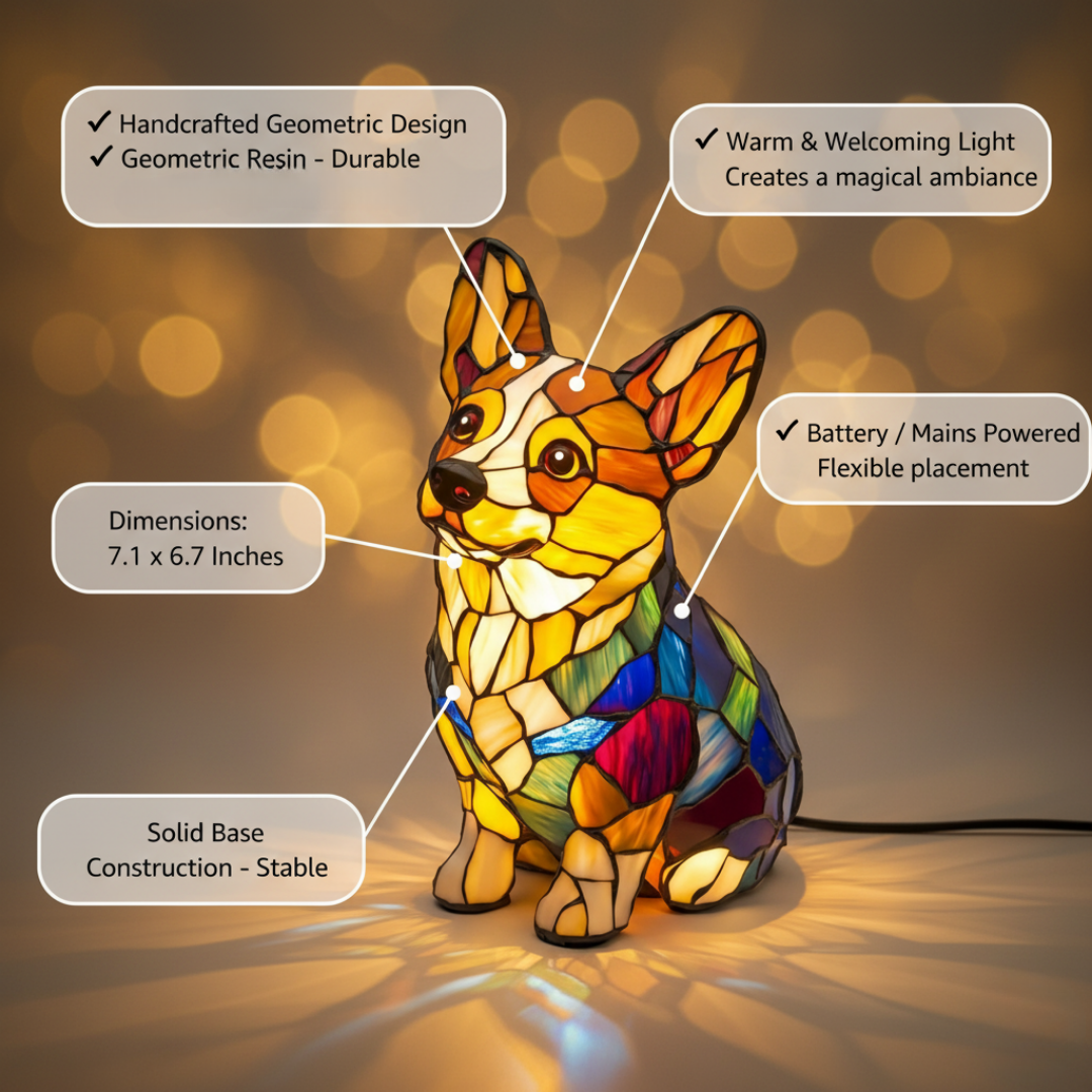 Corgi Feliz – Luminária Artesanal em Vitral
