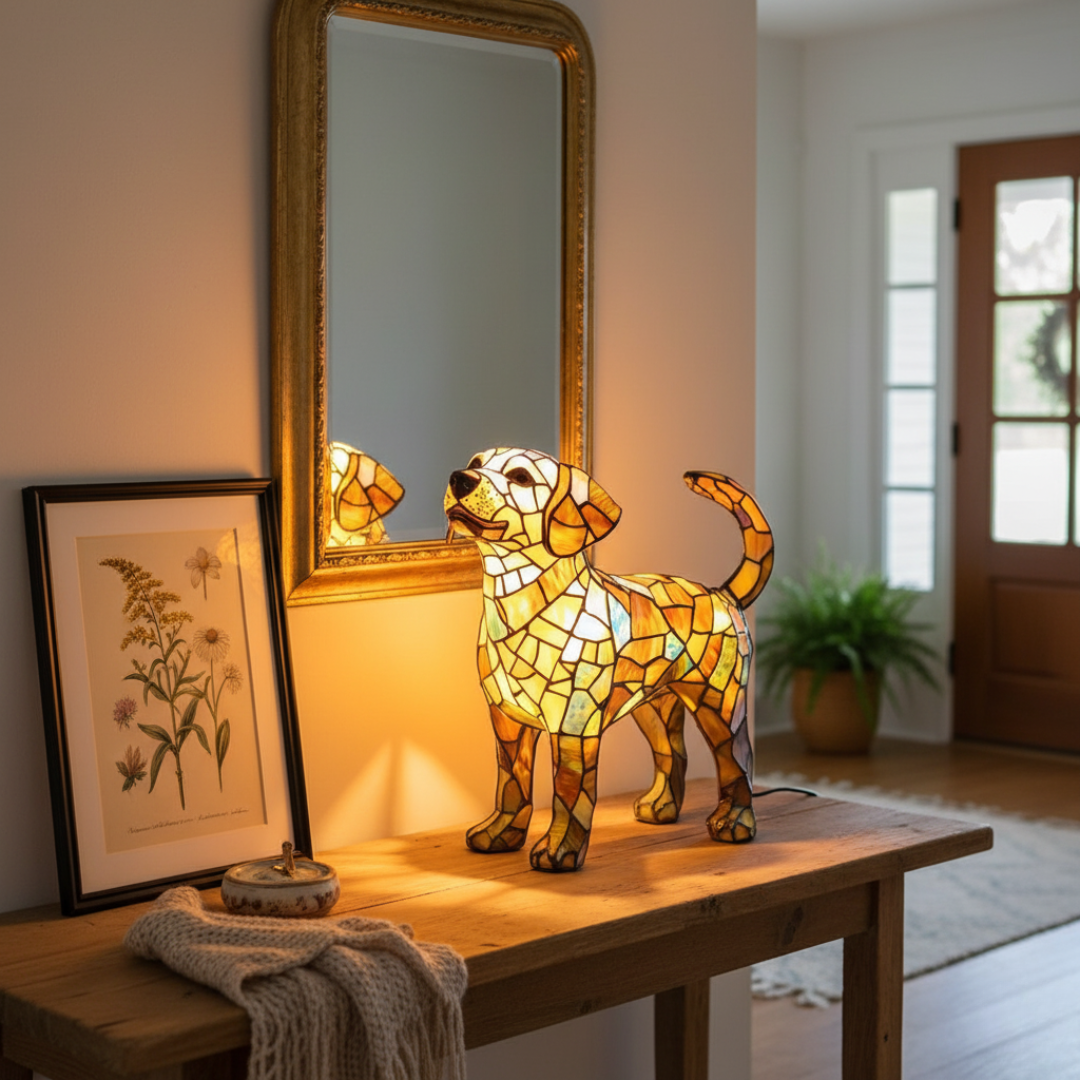Labrador Aurora – Luminária Artesanal em Vitral