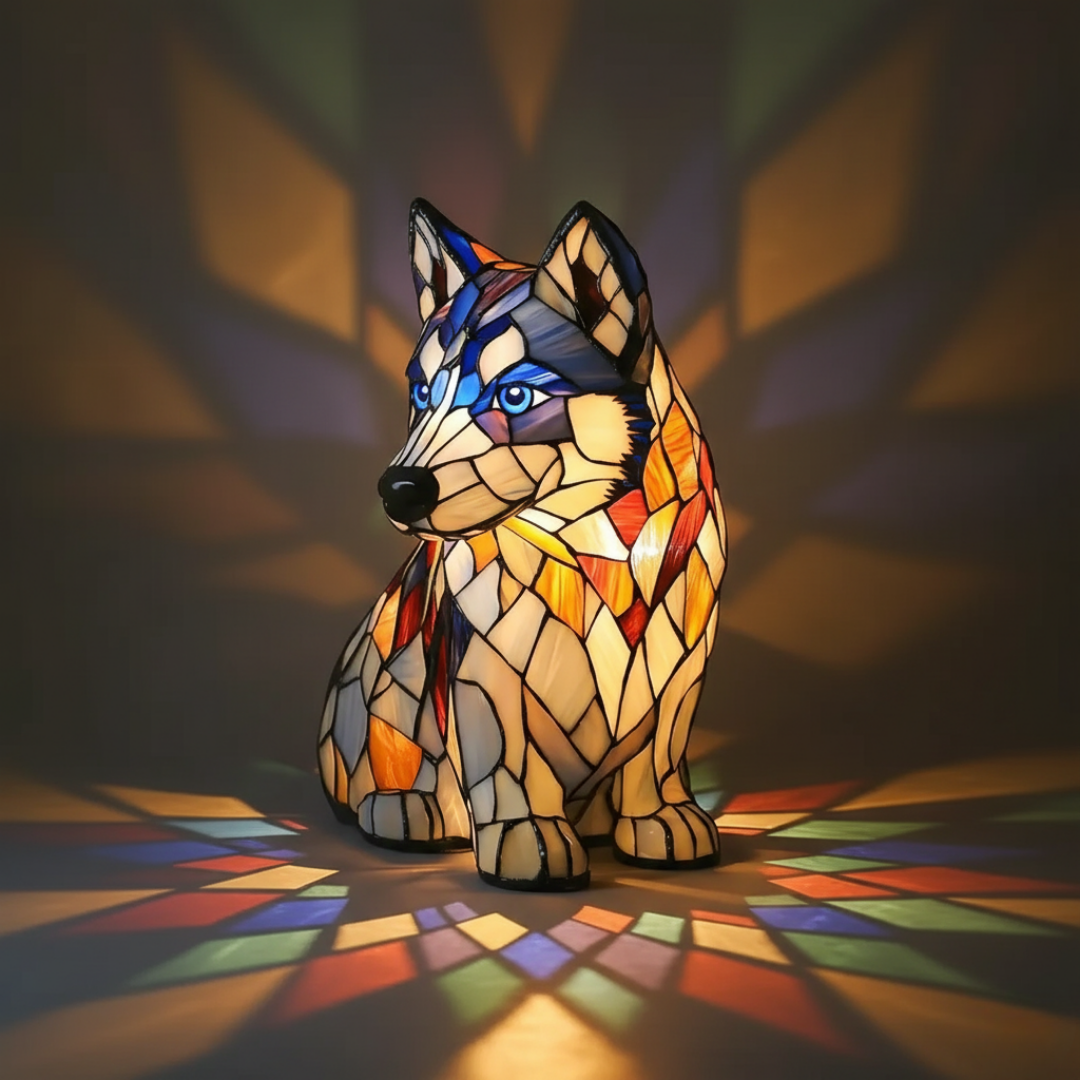 Husky Siberiano Aurora – Luminária Artesanal em Vitral