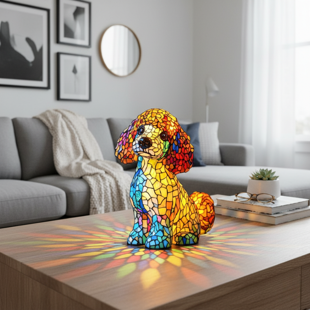Poodle Aurora – Luminária Artesanal em Vitral