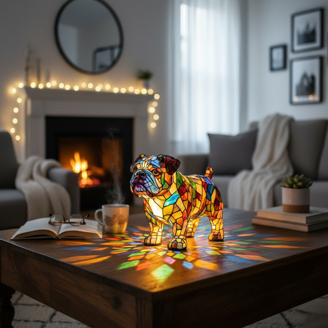 Bulldog Serenata – Luminária Artesanal em Vitral