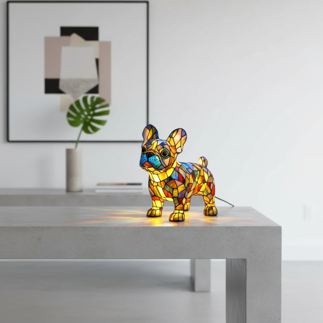 Bulldog Francês Amelie – Luminária Artesanal em Vitral