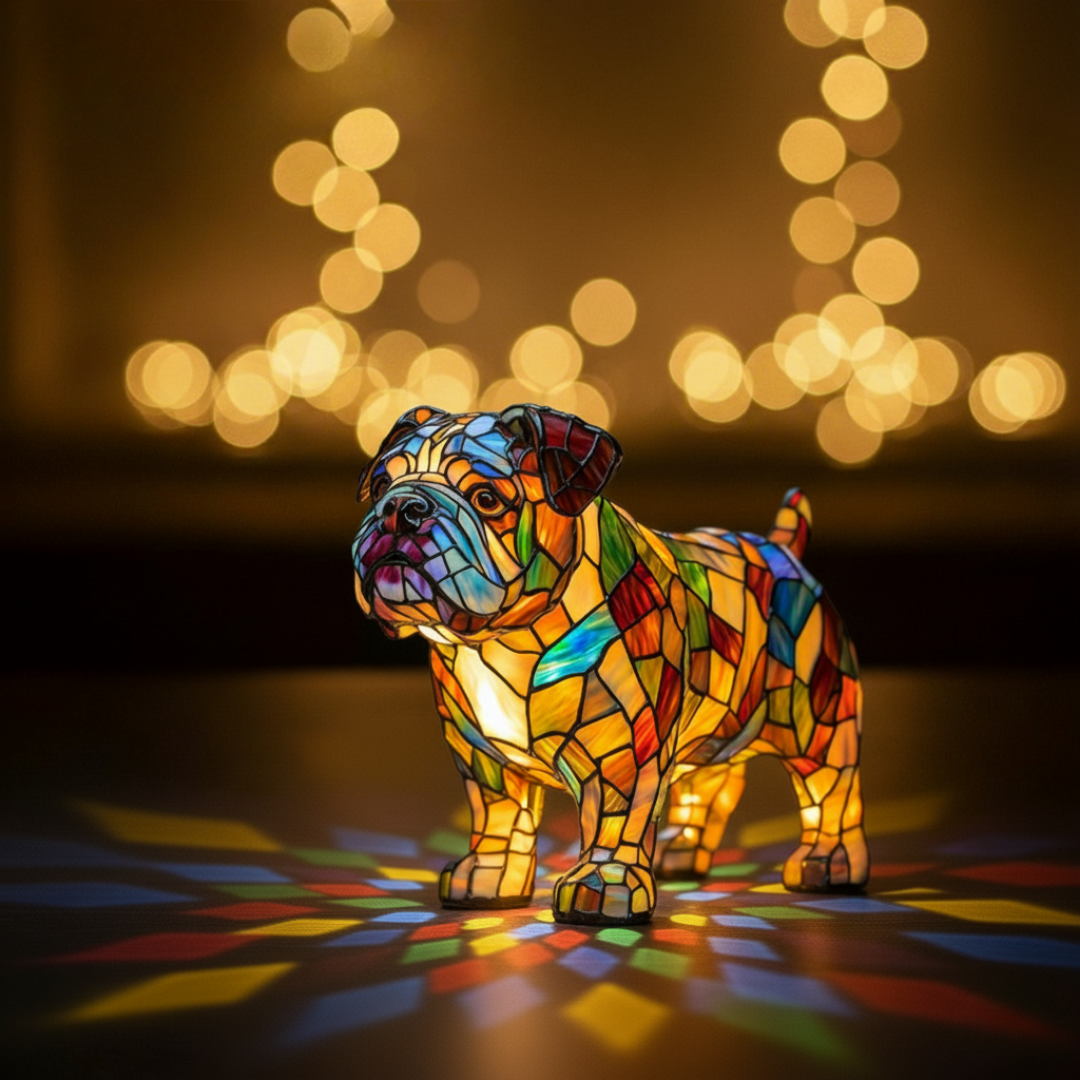 Bulldog Serenata – Luminária Artesanal em Vitral