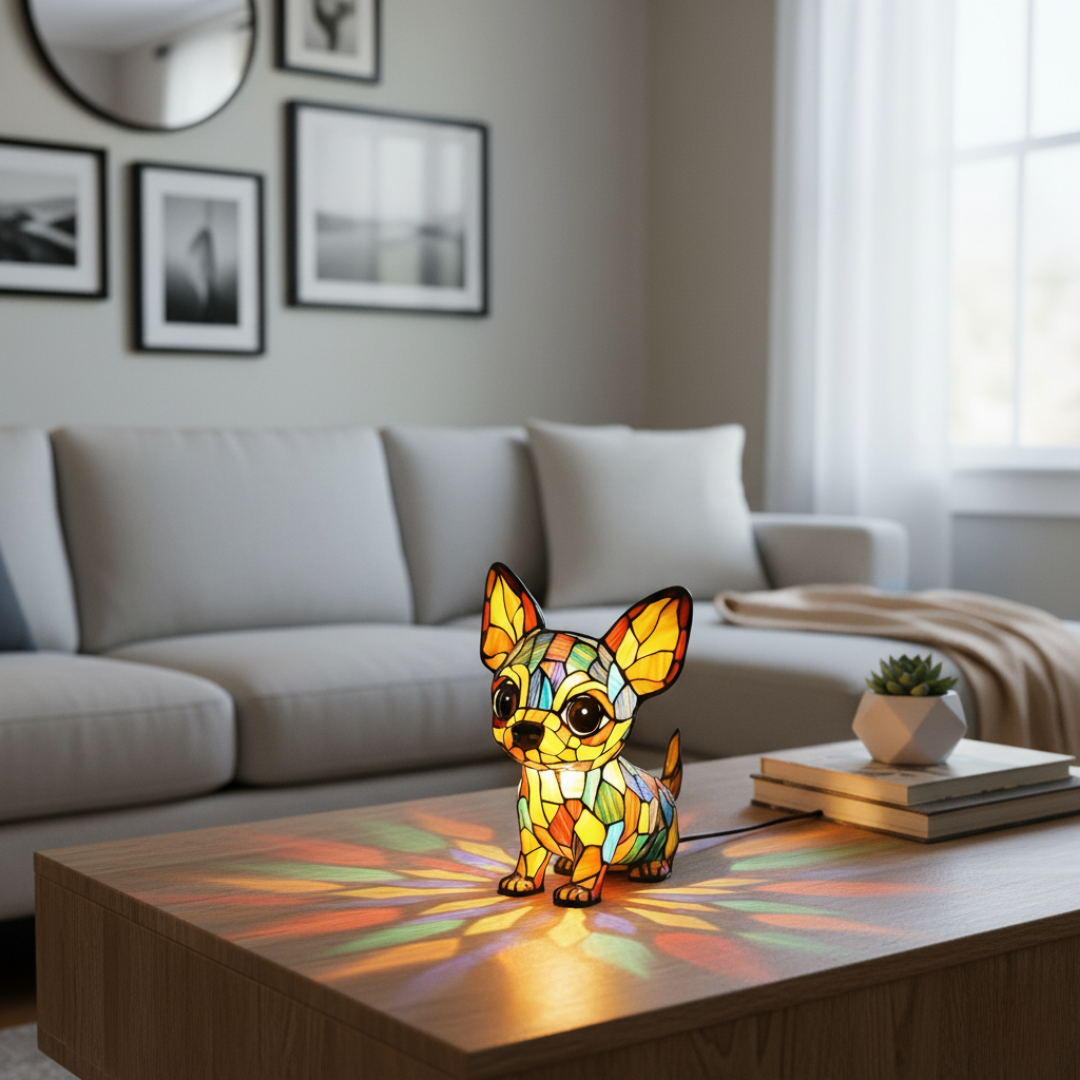 Chihuahua Doce Companheiro – Luminária Artesanal em Vitral