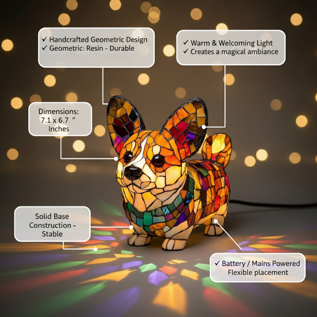Corgi Radiante – Luminária Artesanal em Vitral